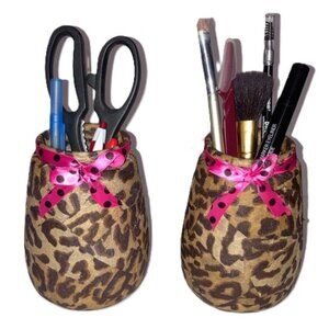 Makeup Brush Hair Brush Pen Pencil Display Cheetah Leopard Storage Jars Set of 2